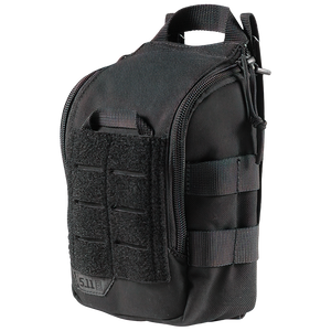 Black MOLLE pouch zipped closed, with a top carry handle and webbing straps on the front