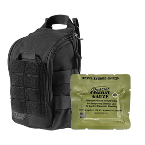 Black MOLLE pouch shown beside an olive QuikClot Combat Gauze foil pack
