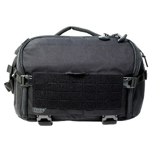 Black tactical response bag with webbing panels, buckles and a carry handle, shown closed