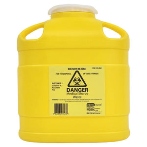 Yellow moulded sharps container with a white lid, printed danger, medical sharps waste, do not re-use, with the biohazard symbol