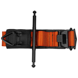 Orange and black windlass tourniquet with a webbing strap, a metal buckle and a ridged windlass rod