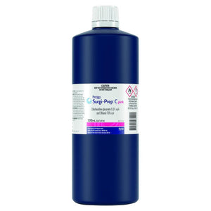 Dark blue 500mL bottle with a white cap, labelled Surgi-Prep C chlorhexidine and ethanol skin preparation with hazard symbols on the label