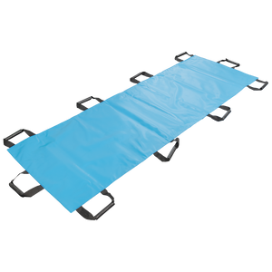 Blue soft stretcher laid flat, with reinforced webbing carry handles down both long edges
