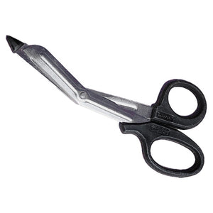 Universal shears with black moulded plastic handles and a serrated stainless steel blade, shown open