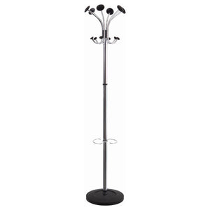 Alba Chromy coat rack with a chrome pole, black round pegs on curved chrome arms, a chrome umbrella holder and a black base