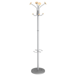 Alba Stily coat rack with round wooden pegs on a metallic grey pole, an umbrella holder and a round grey base, shown empty
