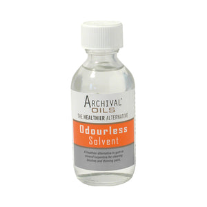 Chroma Archival Oils Odourless Solvent 100ml round glass bottle with white screw cap, orange label band and clear liquid inside