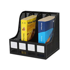 Arnos E147 Eco-Tidy black storage rack with four compartments, flat-packed and made from recycled polypropylene, suitable for desktop or shelf use