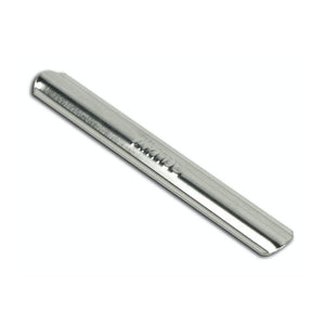 Single Arnos No.3 metal fastener top piece in polished silver with the Arnos name stamped along it, on a white background