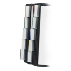 Close view of Arnos Swinga display panels with black frames and a column of white index tabs along the edge of each panel