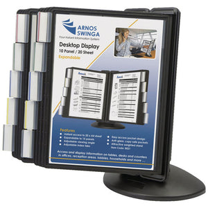 Arnos B021 Swingsign 10-panel expandable desktop display with weighted stand on a desk