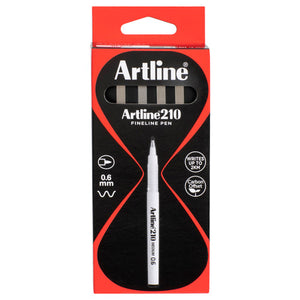 Front of an Artline 210 FINELINE PEN box of black pens with 0.6 mm and WRITES UP TO 2KM badges