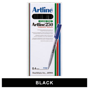 Front of the Artline 250 permanent marker box printed 0.4mm Fine, above a Black colour band