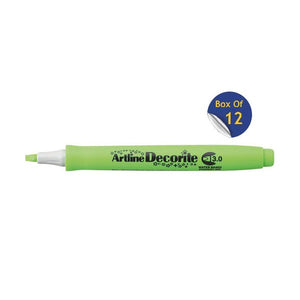 Artline Decorite 3.0mm Yellow Green marker, uncapped, with a Box Of 12 badge