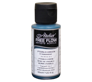 Chroma Atelier Free Flow Artists' Acrylic 60ml Phthalo Green: 60ml bottle with flip-top cap, black Atelier label naming Phthalo Green, Series 1
