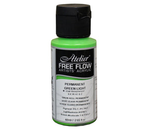 Chroma Atelier Free Flow Artists' Acrylic 60ml Permanent Green Light: 60ml bottle with black flip-top cap, label printing Permanent Green Light, semi-transparent, Series 2