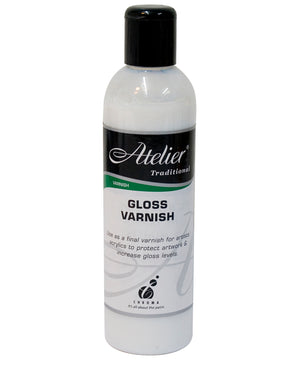 Chroma Atelier Traditional Gloss Varnish 250ml white bottle with black flip cap and green Varnish label band