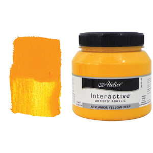 Atelier Interactive Arylamide Yellow Deep 1 litre tub beside a saturated golden yellow swatch on canvas