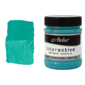 Chroma Atelier Interactive Acrylic Paint 250ml Cobalt Turquoise Light Hue: jar beside a thick painted swatch of a bright turquoise