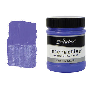 Chroma Atelier Interactive Acrylic Paint 250ml Pacific Blue: jar beside a thick painted swatch of a soft periwinkle blue with a violet lean