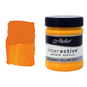 Chroma Atelier Interactive Arylamide Yellow Deep 250ml jar with black screw lid beside a painted swatch showing a deep marigold yellow leaning firmly towards orange