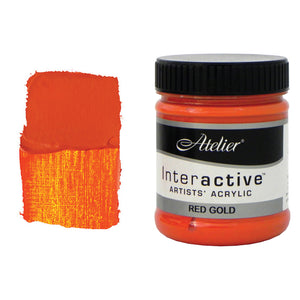 Chroma Atelier Interactive Red Gold 250ml jar with black screw lid beside a painted swatch showing a burnt orange where thick that glows golden yellow where thin