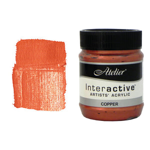 Chroma Atelier Interactive Copper 250ml jar with black screw lid beside a painted swatch showing a coppery orange with a visible sheen on the jar and swatch