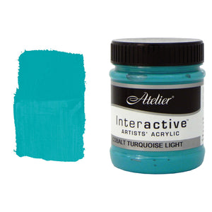 Chroma Atelier Interactive Cobalt Turquoise Light 250ml jar with black screw lid beside a painted swatch showing a bright, clear teal turquoise