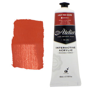 Chroma Atelier Interactive Acrylic Paint 80ml Light Red Ochre: tube with brick red label band beside a painted swatch of brick-orange earth