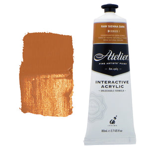 Chroma Atelier Interactive Acrylic Paint 80ml Raw Sienna Dark: tube with amber label band beside a painted swatch of caramel amber earth