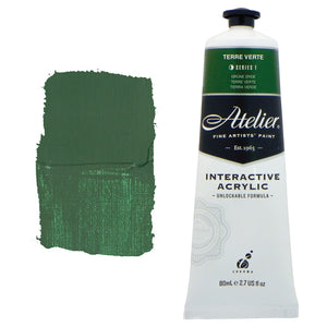Chroma Atelier Interactive Acrylic Paint 80ml Terre Verte: tube with green label band beside a painted swatch of muted green earth