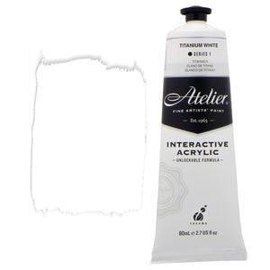 Chroma Atelier Interactive Acrylic Paint 80ml Titanium White: tube with white label band beside a painted swatch of clean bright white