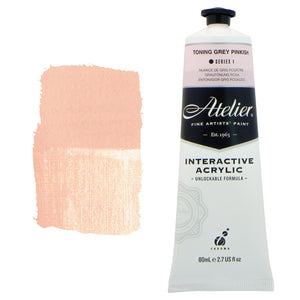 Chroma Atelier Interactive Acrylic Paint 80ml Toning Grey Pinkish: tube with pale pink label band beside a painted swatch of blush-pink grey