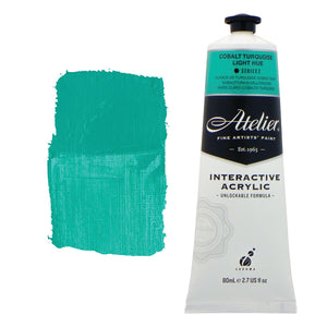 Chroma Atelier Interactive Acrylic Paint 80ml Cobalt Turquoise Light Hue: tube with bright green label band beside a painted swatch of minty turquoise