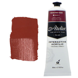 Chroma Atelier Interactive Acrylic Paint 80ml Indian Red Oxide: tube with wine red label band beside a painted swatch of brick red-brown