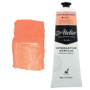 Chroma Atelier Interactive Acrylic Paint 80ml Naples Yellow Reddish: tube with salmon pink label band beside a painted swatch of salmon coral