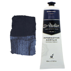 Chroma Atelier Interactive Acrylic Paint 80ml Paynes Grey: tube with navy label band beside a painted swatch of slate blue-grey