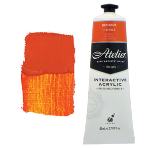 Chroma Atelier Interactive Acrylic Paint 80ml Red Gold: tube with a burnt orange colour band beside a painted swatch of a deep orange with a golden-yellow glow when thinned