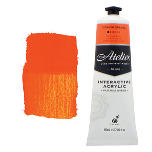 Chroma Atelier Interactive Acrylic Paint 80ml Cadmium Orange: tube with an orange colour band beside a painted swatch of a strong, warm pure orange