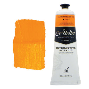 Chroma Atelier Interactive Acrylic Paint 80ml Cadmium Yellow Deep: tube with a golden orange colour band beside a painted swatch of a warm, egg-yolk golden yellow
