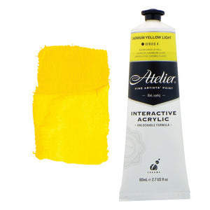 Chroma Atelier Interactive Acrylic Paint 80ml Cadmium Yellow Light: tube with a lemon yellow colour band beside a painted swatch of a bright, cool lemony yellow