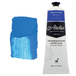 Chroma Atelier Interactive Acrylic Paint 80ml Cerulean Blue: tube with a mid blue colour band beside a painted swatch of a clear mid sky blue