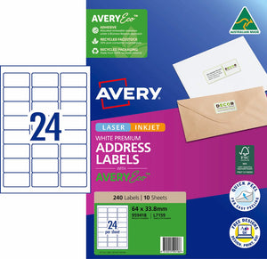 Avery 959418 pack of Premium Address Labels with AveryEco, the L7159 carton front printed 240 Labels and 10 Sheets at 64 x 33.8mm, beside a diagram of the A4 sheet layout with 24 labels, with the Australian Made kangaroo logo, FSC mark and Quick Peel roundel