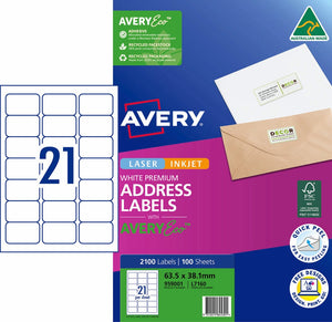 Avery 959001 pack of Premium Address Labels with AveryEco, the L7160 carton front printed 2100 Labels and 100 Sheets at 63.5 x 38.1mm, beside a diagram of the A4 sheet layout with 21 labels, with the Australian Made kangaroo logo, FSC mark and Quick Peel roundel