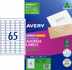 Avery 959071 pack of Premium Address Labels with AveryEco, the L7651 carton front printed 6500 Labels and 100 Sheets at 38.1 x 21.2mm, beside a diagram of the A4 sheet layout with 65 labels, with the Australian Made kangaroo logo, FSC mark and Quick Peel roundel