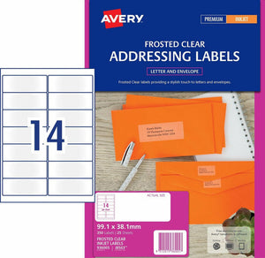 Avery Clear Matt Address Labels 936005 J8563 350 Pack 99.1x38.1mm 14-Up | Standard business envelope address label with invisible clear finish
