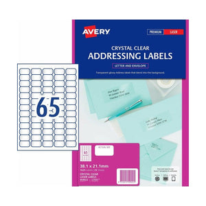 Avery Crystal Clear Address Labels 959022 L7551 1625 Pack 38.1x21.2mm 65-Up | Fully transparent for maximum invisibility on premium personalised mail