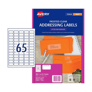 Avery Frosted Clear Matt Address Labels 936009 J8551 1625 Pack 38.1x21.2mm 65-Up | High-volume clear labels for premium mail and invitations