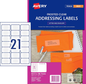 Avery Frosted Clear Matt Address Labels 936007 J8560 525 Pack 63.5x38.1mm 21-Up | Medium-format clear label for DL envelopes and smaller packaging
