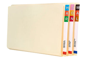 Three Avery buff foolscap shelf lateral files standing together, side tabs showing colour coded letter labels reading HAR, JON and WAL.